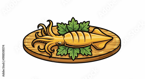 A cartoon-style, golden-brown, cooked squid rests on a wooden platter with green leaves