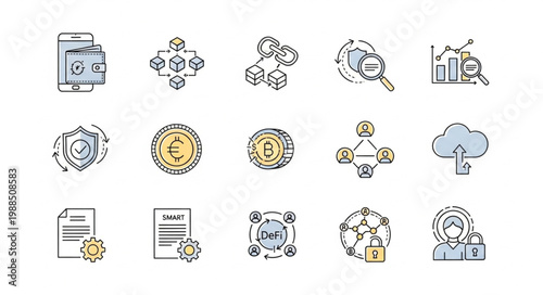 Digital Technology Icons Representing Blockchain and Data Security.
