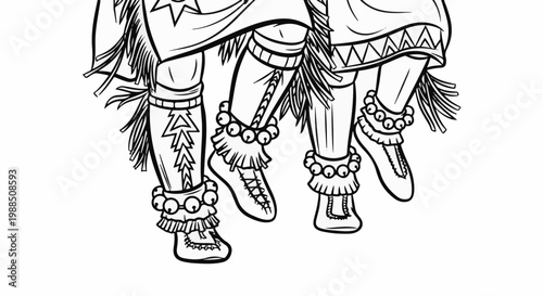 Line art depicts legs of dancers in traditional attire with fringe and beadwork