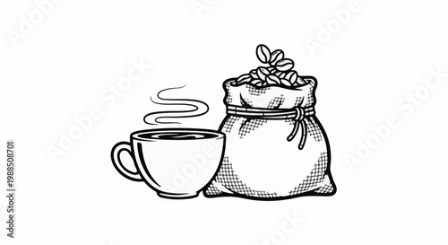 Steaming cup of coffee next to a burlap sack filled with coffee beans
