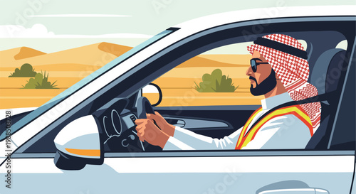 A man in traditional headwear driving a white car through a desert landscape