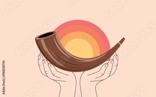 Two hands holding a brown ram horn shofar against a background of concentric orange and yellow