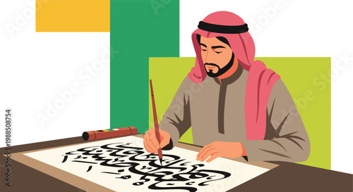 A man in traditional Middle Eastern clothing practices intricate Arabic calligraphy