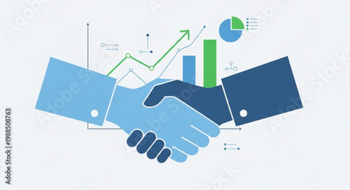 Business handshake with financial charts and graphs illustration.