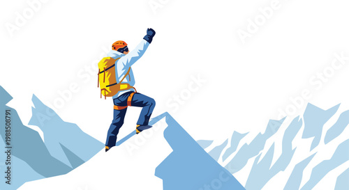 An adventurer stands on a snowy mountain peak, arm raised in a triumphant gesture