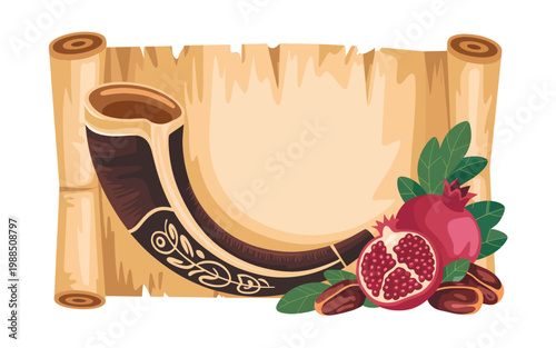 Rosh Hashanah scroll with shofar, pomegranate, and dates on a beige parchment background, ram horn