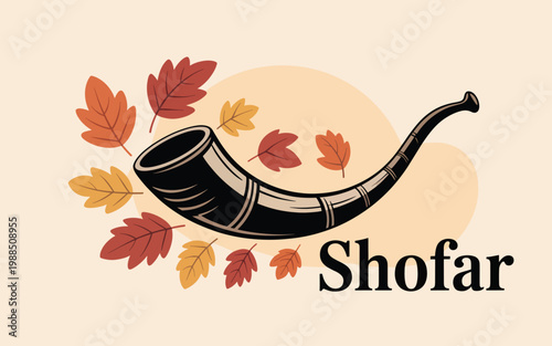 Black shofar horn surrounded by colorful autumn leaves on a light beige background
