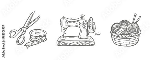 Vintage Sewing and Craft Vector Set. Hand-drawn doodle icons of a classic sewing machine, scissors with ribbon, and a yarn basket. Perfect for DIY, knitting, tailor shops, and handmade branding.