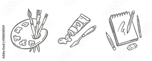 Fine Art Supplies Doodle Vector Set. Hand-drawn icons of a painter's palette with brushes, oil paint tube with palette knife, and a sketchbook with pencils. Ideal for artists and art schools.