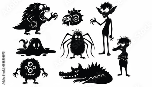Monster character set of cartoon creatures with goofy faces and big eyes for spooky Halloween stickers