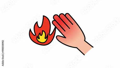 Hand holding a flame icon with red heat waves and an illustrated fire burnout symbol for energy concept