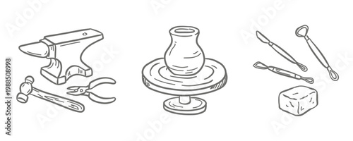 Craftsmanship and Pottery Workshop Vector Set. Hand-drawn icons of blacksmith anvil with tools, pottery wheel with a clay vase, and sculpting tools with clay block. Perfect for artisan branding.