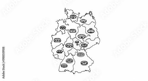 Outline map of Germany with stadiums marked within regions