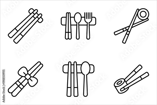 Sujeo linear icon set. Metal chopsticks. Spoon for eating. vector illustration on white background