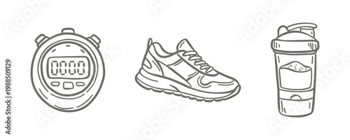 Fitness & Running Gear Vector Set. Hand-drawn icons of a digital stopwatch, athletic sneaker, and protein shaker. Perfect for marathon training, gym apps, and sports nutrition branding.