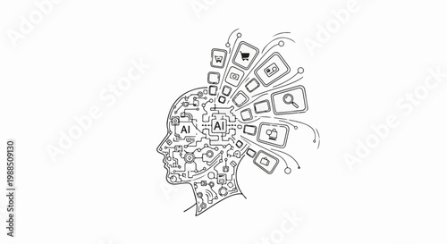 Outline of a head with AI circuits and connected icons flowing outwards