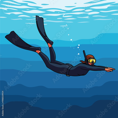 A person in a wetsuit with fins and a mask snorkeling underwater in blue ocean