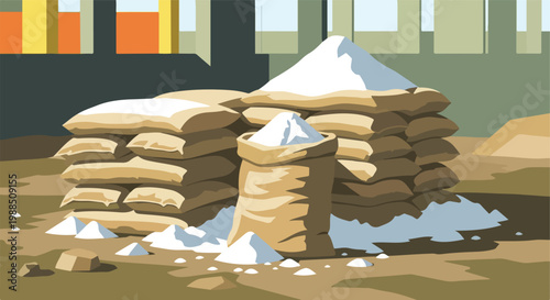 Stacks of open burlap sacks filled with white powder inside a warehouse space