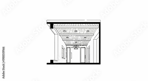 Stylized drawing of a hallway with double doors and a wooden slatted ceiling
