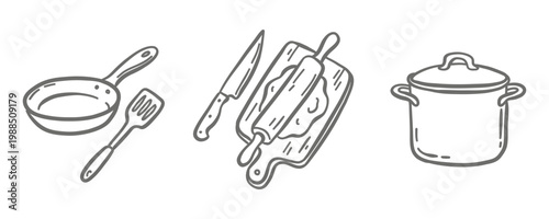 Home Kitchen and Cooking Doodle Vector Set. Hand-drawn icons of a classic tea kettle, a large soup pot with a ladle, and a stand mixer. Perfect for food blogs, recipes, and cafe branding.