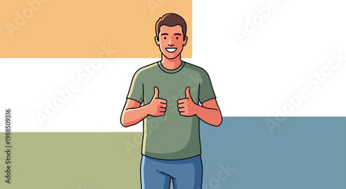 A cheerful young man giving a double thumbs up gesture against a block background