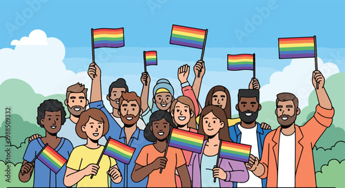 Diverse group of people smiling and holding up rainbow flags against blue sky