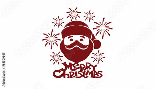 Merry Christmas Santa face with fireworks burst background and festive red lettering on white featuring holiday, beard, winter with celebration and