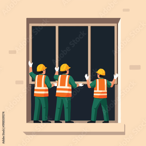 Three construction workers in safety gear installing a large glass window frame
