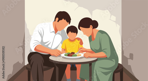 Parents sitting at a table and feeding their young son a meal from a plate