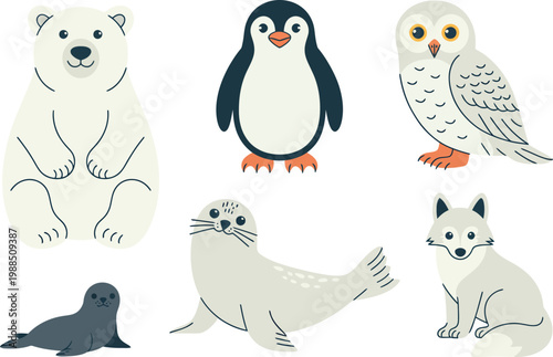 Cute arctic and antarctic animals collection including polar bear penguin seal and arctic fox, perfect for wildlife themes, kids illustrations, and educational vector design projects.