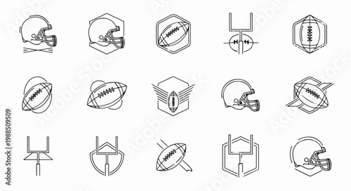 A collection of stylized black and white vector graphics featuring American football elements