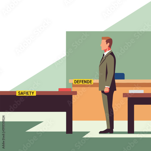 A businessman standing in a courtroom setting with labels on tables in the room