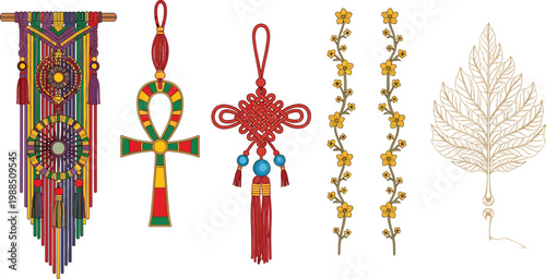 Decorative Ethnic Ornaments Collection with Tassels Ankh Knot Floral Garlands and Leaf Pattern Cultural Vector Illustration Set