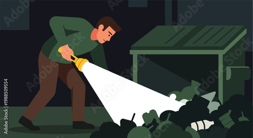 A man shines a flashlight into a large open dumpster filled with trash at night