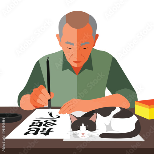 A focused senior man creates ink calligraphy beside his sleeping tuxedo cat pet