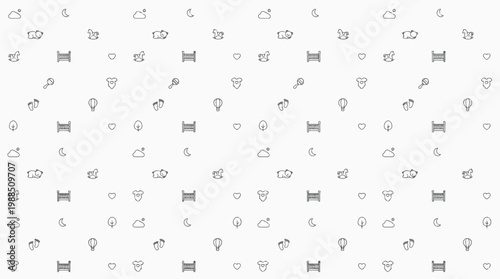 Whimsical seamless pattern of cute hand-drawn baby icons including cribs, bottles, and pacifiers on a white background