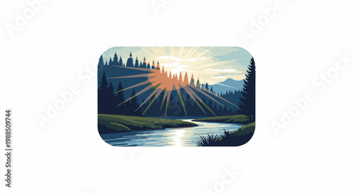 Sunrise over forest and river, mountain backdrop, stylized pixel art