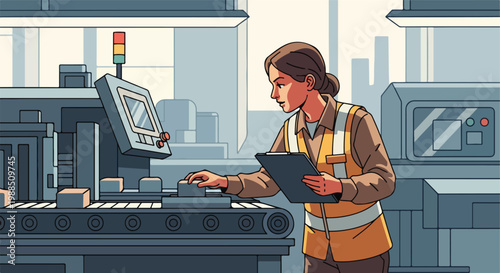 A female factory worker in a safety vest inspects parts on a moving belt machine