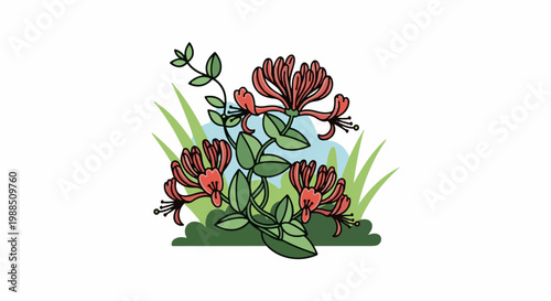 Stylized red honeysuckle flowers bloom with green leaves and grass