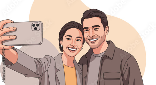 A smiling couple taking a selfie with a smartphone against an abstract background