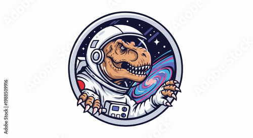 A cartoon tyrannosaurus rex in a spacesuit holds a colorful galaxy