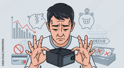 Stressed man holding empty wallet with financial symbols of loss and debt