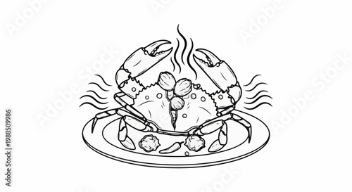 Steaming crab with claws raised, served on a plate with garnish
