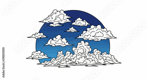 Stylized white clouds with black outlines against a gradient blue sky backdrop