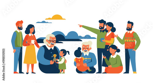 Family gathering illustration diverse group outdoors