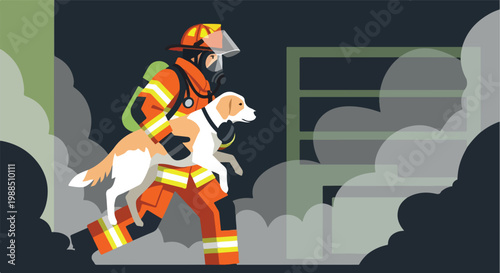A firefighter in uniform carries a white and tan dog through thick gray smoke