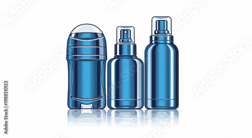 Three blue metallic personal care bottles reflected on a white surface