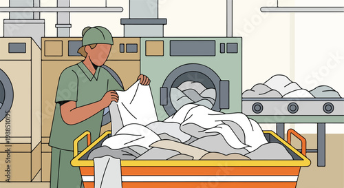Worker sorting clean white linens from a commercial laundry machine in a factory
