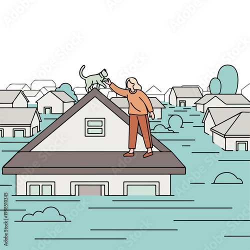 A woman reaches to pet a cat stranded on a house rooftop during a flood event