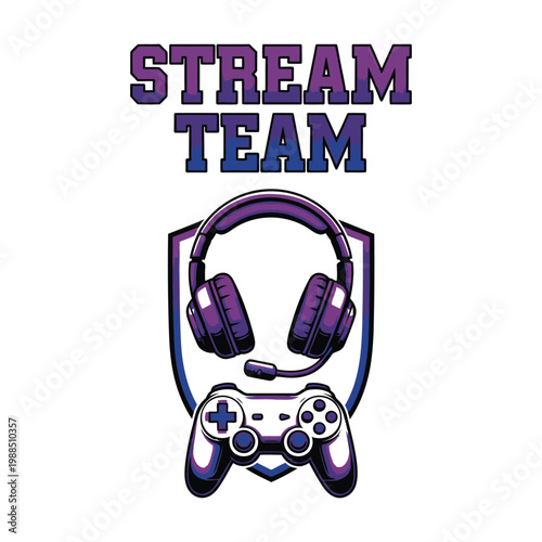 Stream team logo with gaming headset and controller on white background design